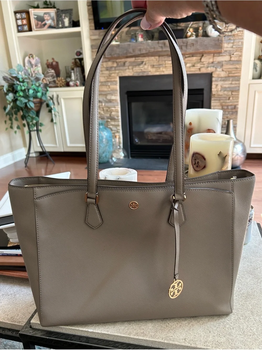 Tory Burch Large Taupe Leather Tote Shoulder Bag